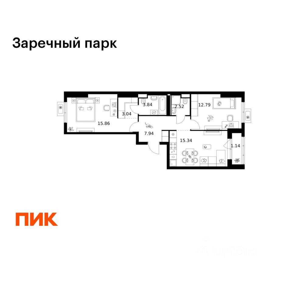 2-комн. квартира, 62,47 м², в ЖК Заречный парк