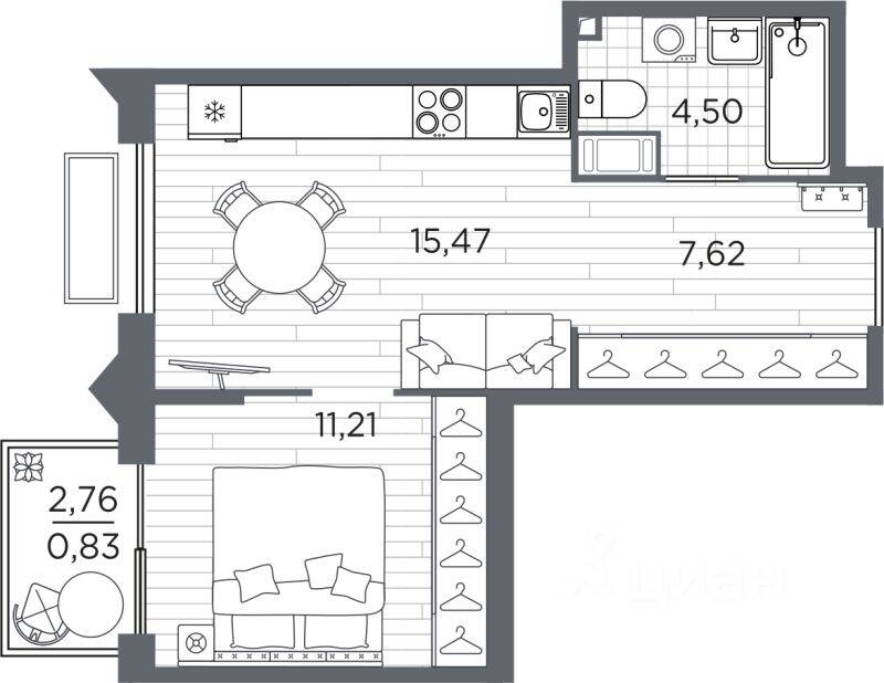1-комн. квартира, 39,63 м², в ЖК Respect