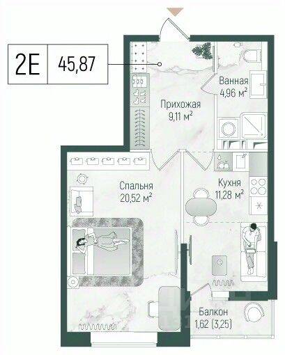 1-комн. квартира, 47,5 м², в ЖК Riga Hills