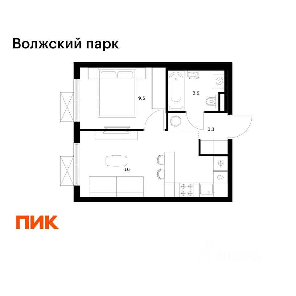 1-комн. квартира, 32,5 м², в ЖК Волжский парк