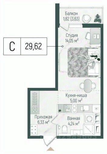 Планировка 1 комнатной квартиры, 30.9 м², в «Riga Hills»