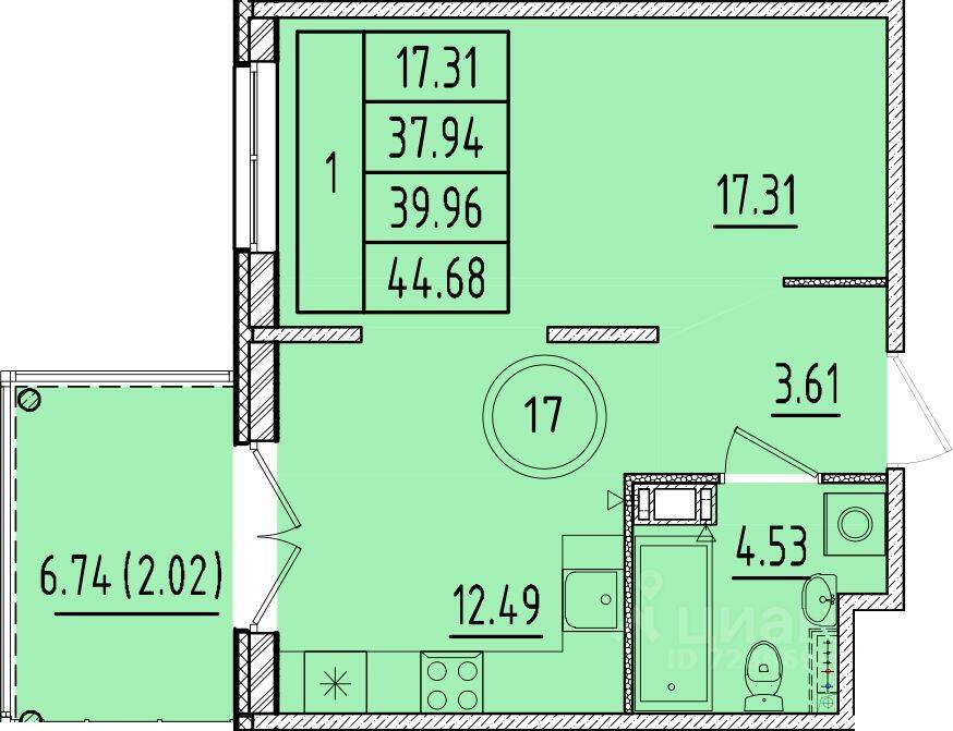 1-комн. квартира, 37,94 м², в Малоэтажный ЖК Образцовый квартал 17