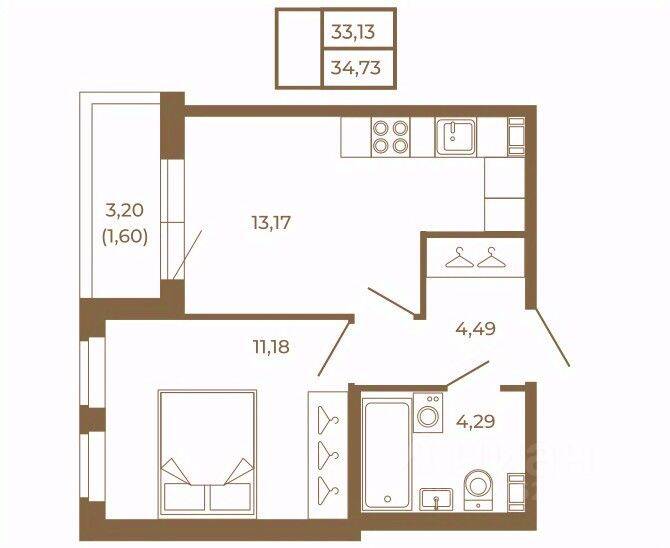 Планировка 1 комнатной квартиры, 34.73 м², в «Новая история»