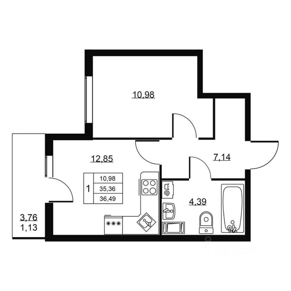 1-комн. квартира, 36,49 м², в ЖК Перспектива