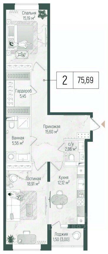 2-комн. квартира, 77,19 м², в ЖК Riga Hills
