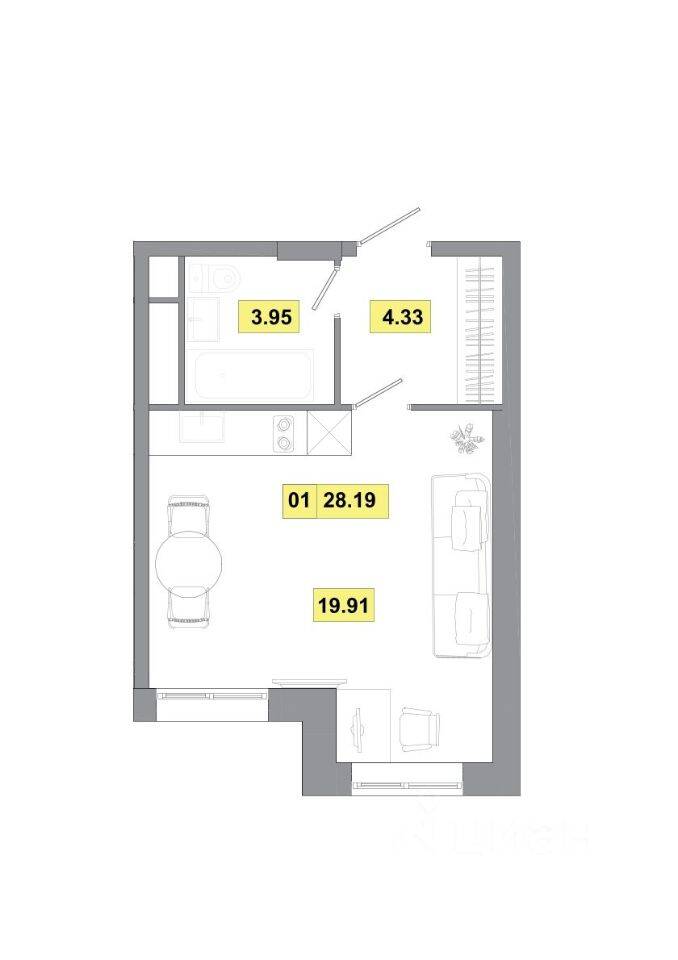 Планировка 1 комнатной квартиры, 28.19 м², в «Радость»