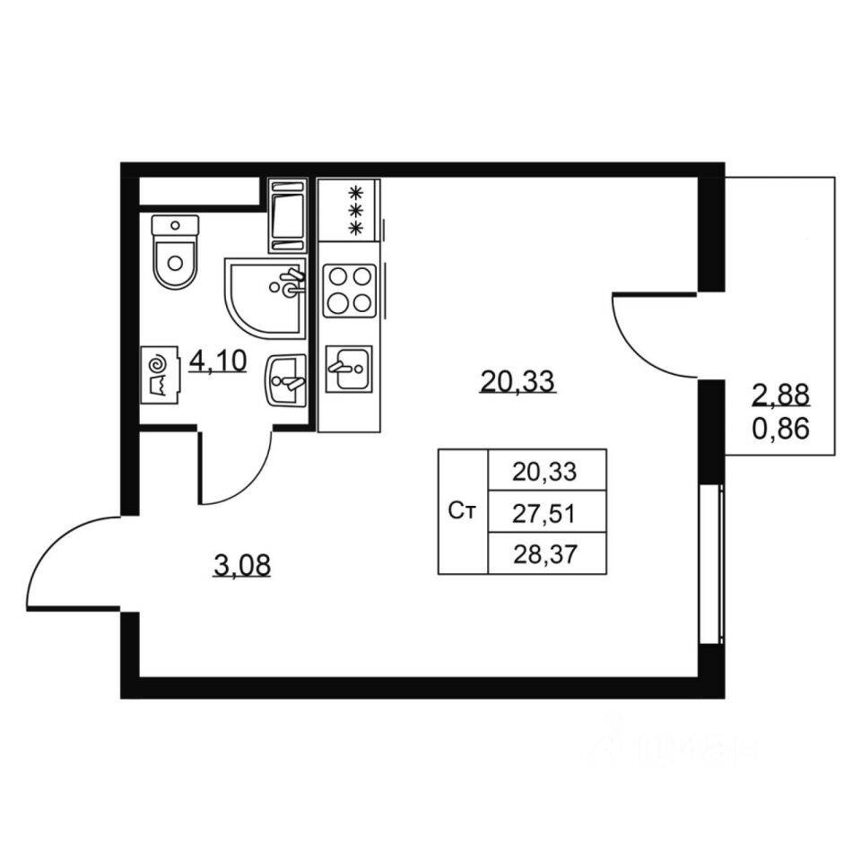 Квартира-студия, 28,37 м², в ЖК Перспектива