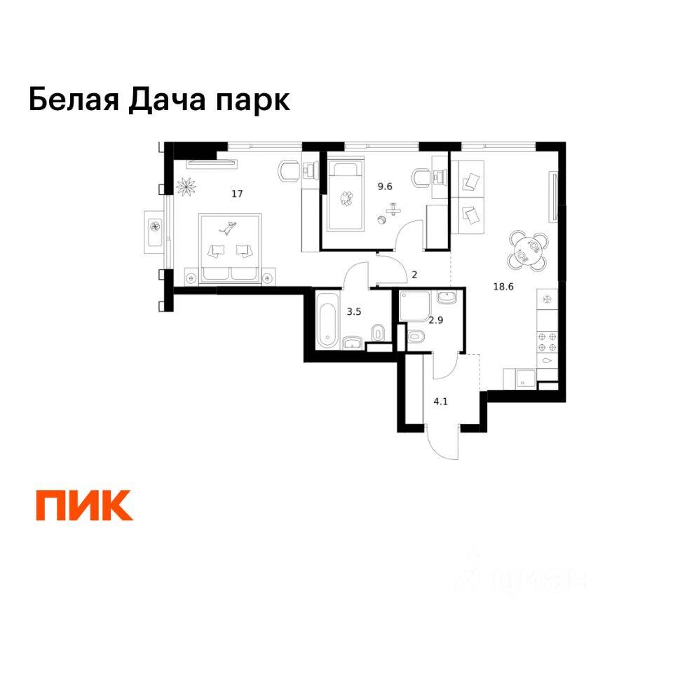 2-комн. квартира, 57,7 м², в ЖК «Белая Дача парк»