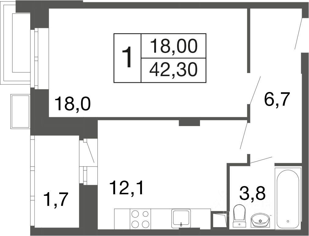 1-комн. квартира, 42,2 м², в ЖК «Времена года»