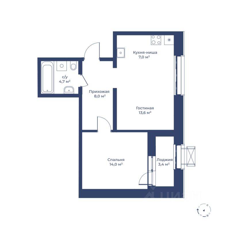 Планировка 2 комнатной квартиры, 49 м², в «Цветочный город»