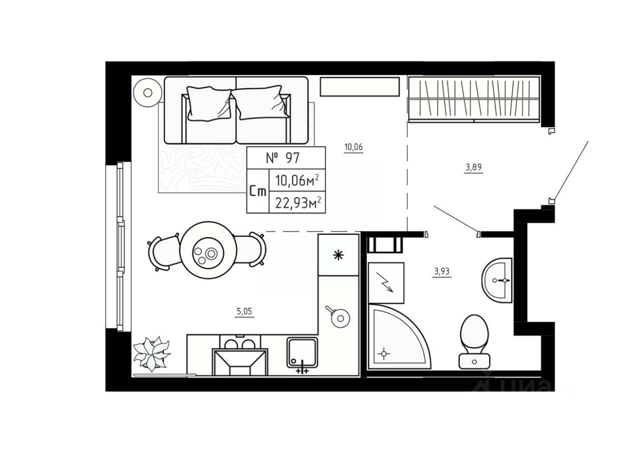 Планировка 1 комнатной квартиры, 22.93 м², в «Аннино Сити»