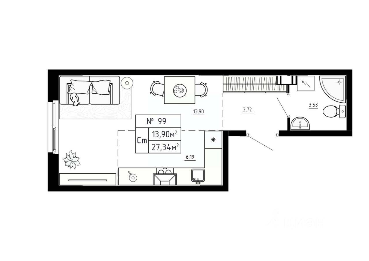 Квартира-студия, 27,34 м², в Малоэтажный ЖК Аннино Сити