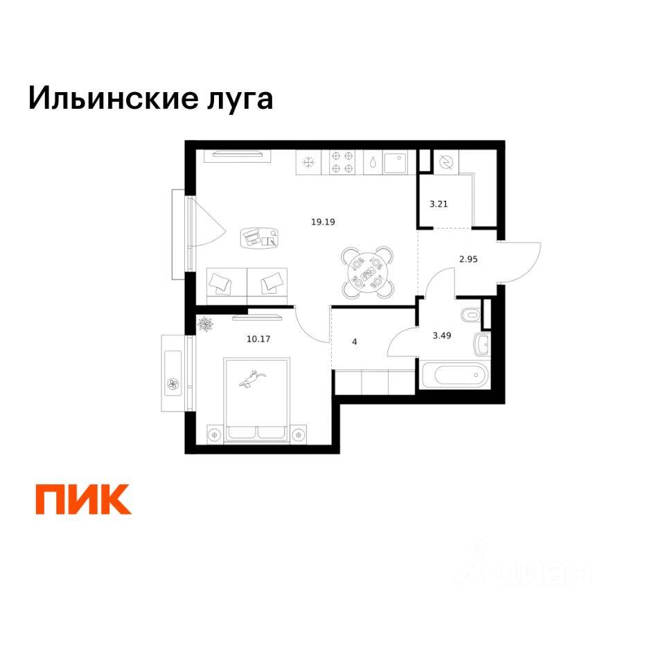 1-комн. квартира, 43,01 м², в ЖК «Ильинские луга»
