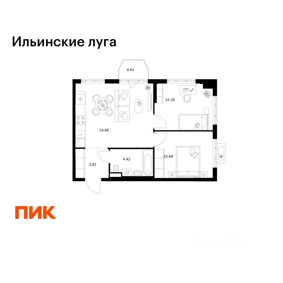 2-комн. квартира, 49,53 м², в ЖК «Ильинские луга»