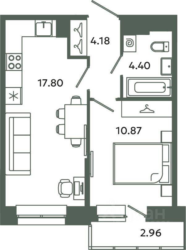 1-комн. квартира, 37,25 м², в ЖК Загляденье