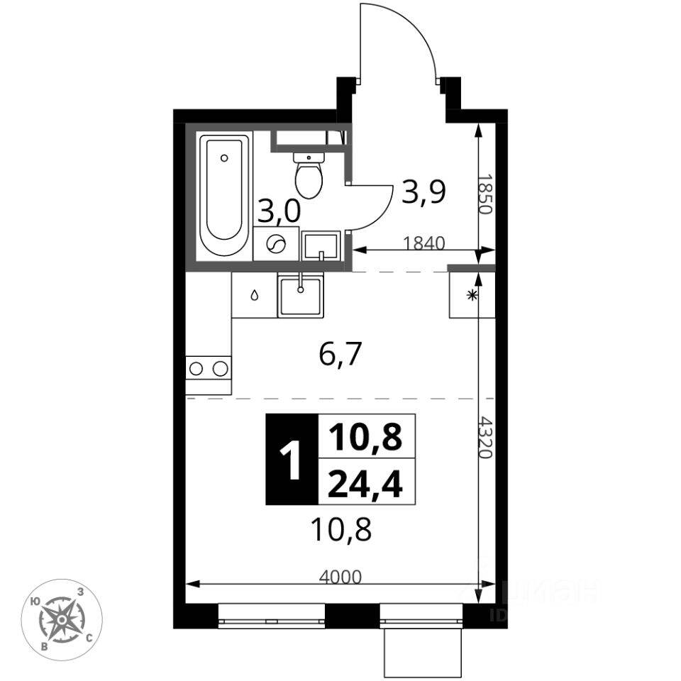 Планировка 1 комнатной квартиры, 24.4 м², в «1-й Донской»