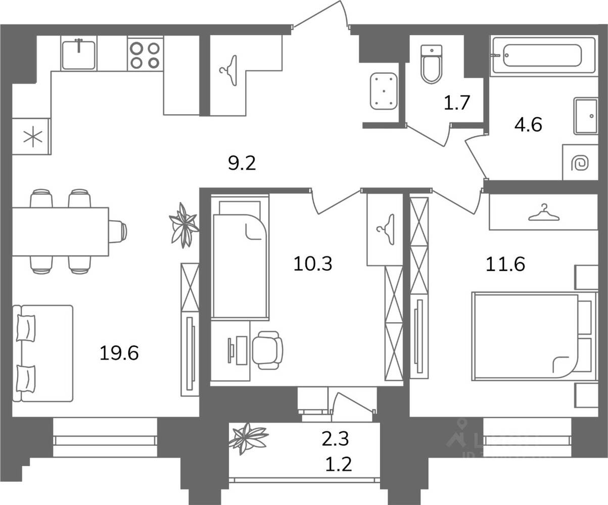 2-комн. квартира, 57,3 м², в ЖК Антверпен