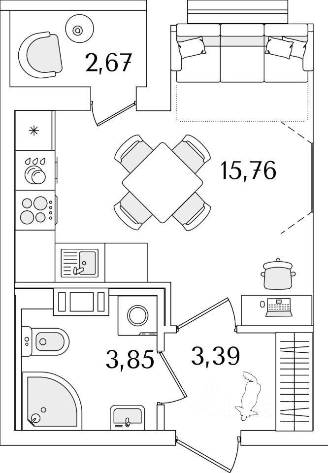Планировка 1 комнатной квартиры, 24.3 м², в «Лайнеръ»