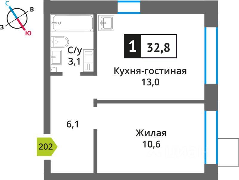 Планировка 1 комнатной квартиры, 32.8 м², в «Никольский квартал Отрада»