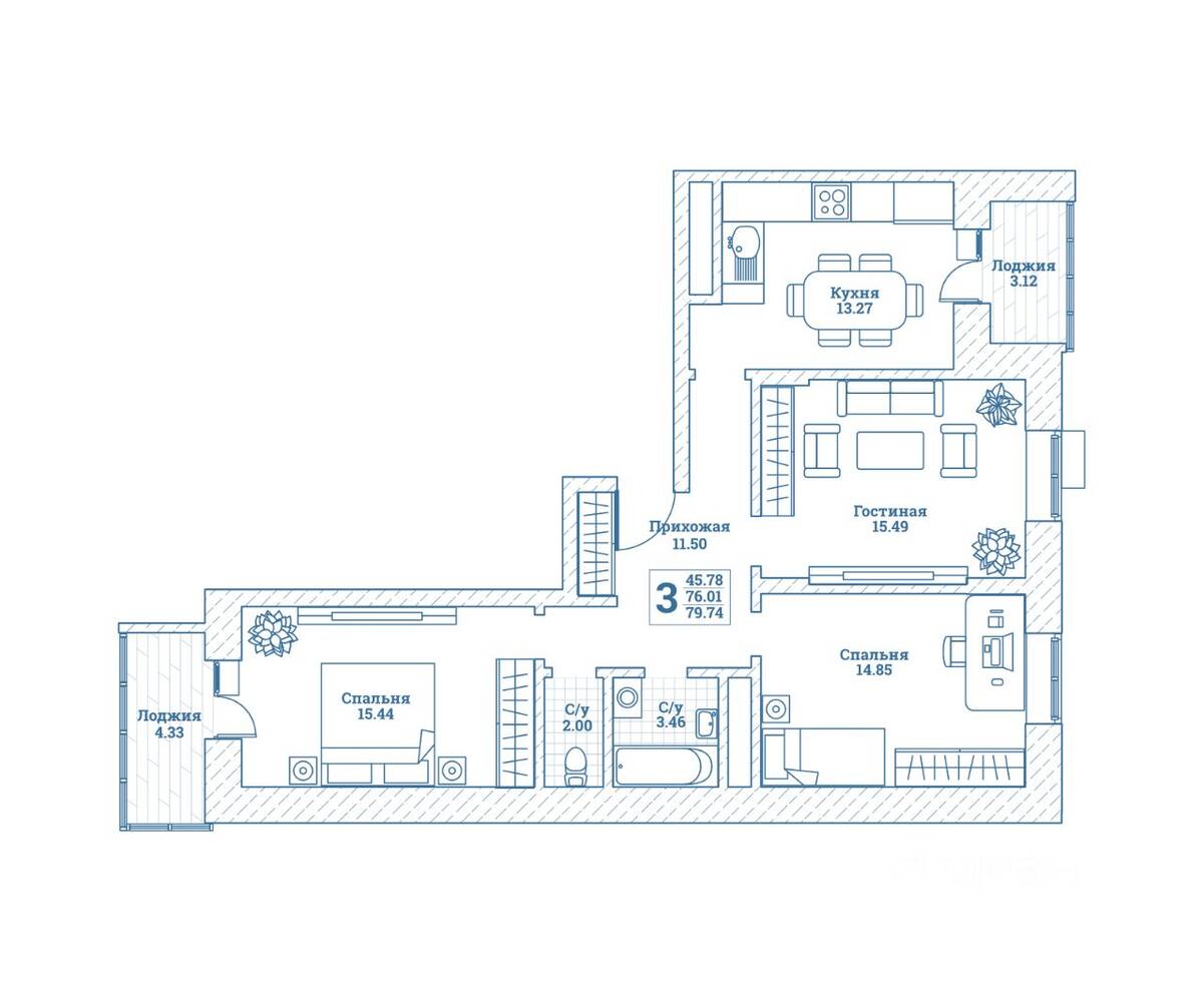 3-комн. квартира, 80,4 м², в ЖК Новоград Монино