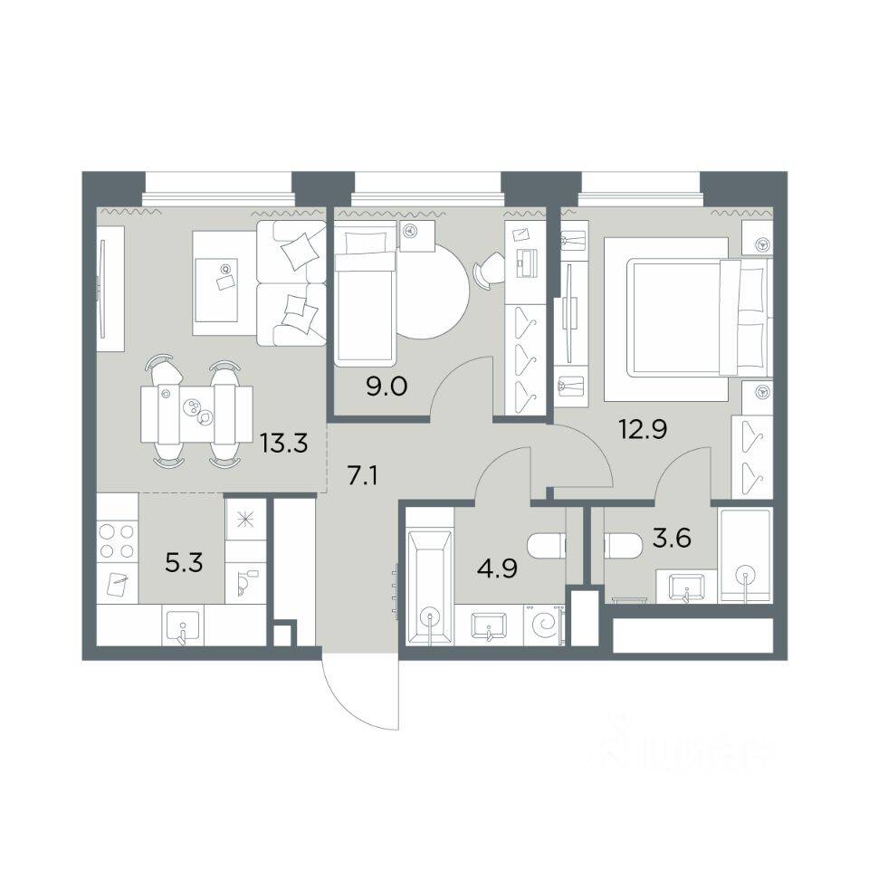 3-комн. квартира, 56,1 м², в ЖК «Станиславский»
