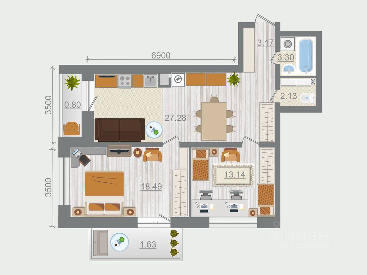 2-комн. квартира, 70,44 м², в ЖК Эко-квартал Гармония