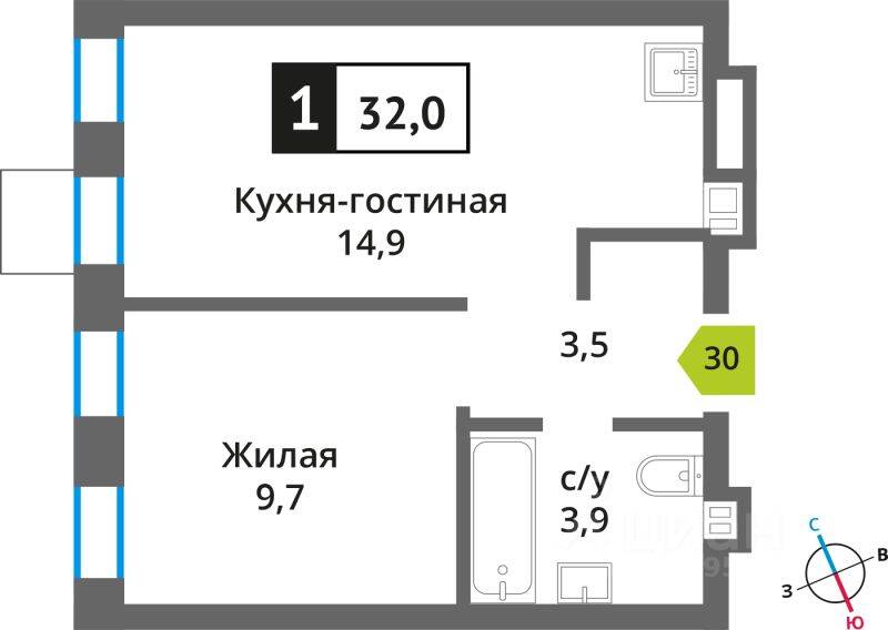 Планировка 1 комнатной квартиры, 32 м², в «Никольский квартал Отрада»