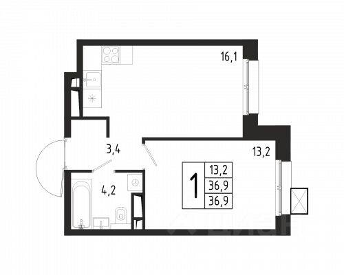 Планировка 1 комнатной квартиры, 36.9 м², в «Берег»