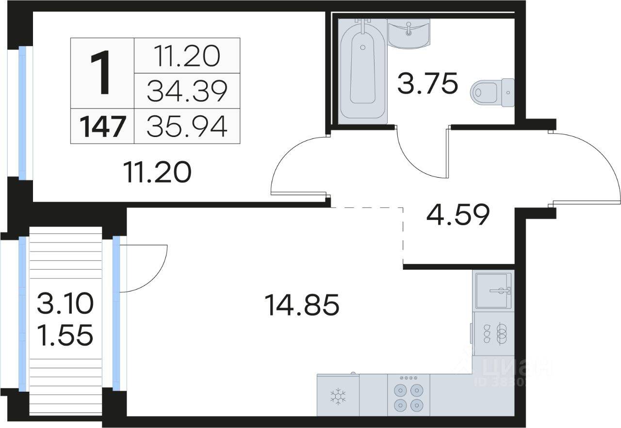 1-комн. квартира, 35,8 м², в ЖК GloraX Парголово