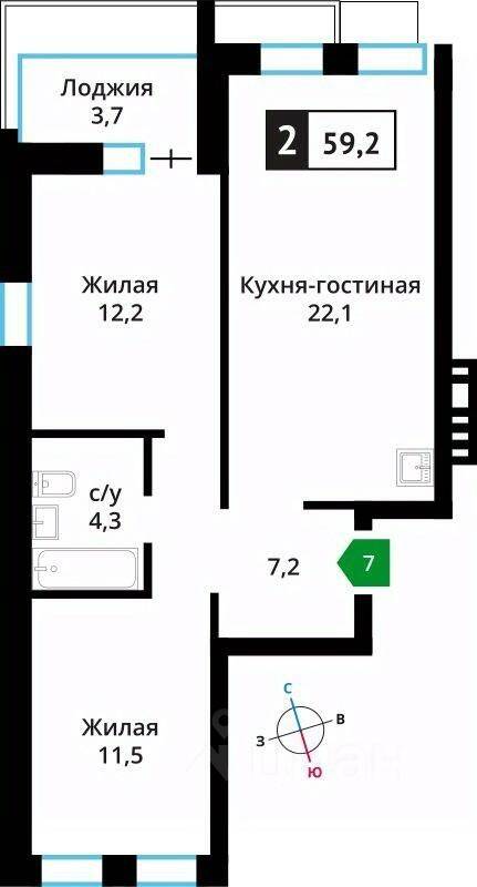 2-комн. квартира, 57,5 м², в ЖК Лесная Отрада