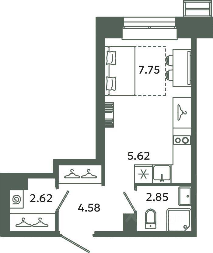Квартира-студия, 23,42 м², в ЖК Загляденье
