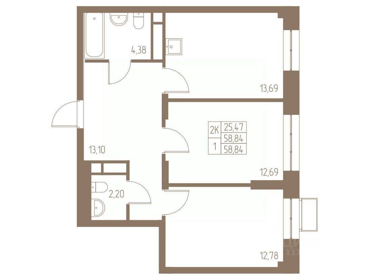 2-комн. квартира, 58,84 м², в ЖК Фабрикант