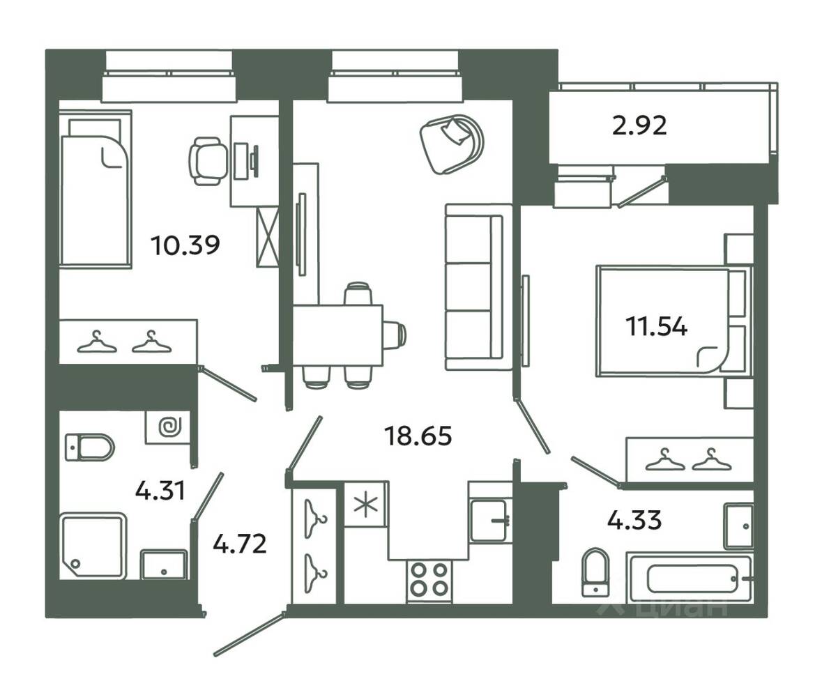 2-комн. квартира, 53,94 м², в ЖК Загляденье