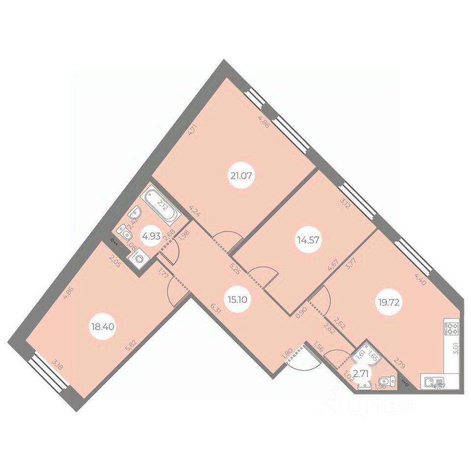 3-комн. квартира, 96,5 м², в ЖК «Огни Залива»
