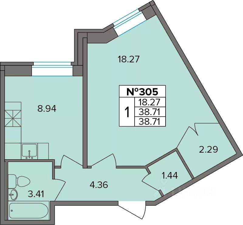 1-комн. квартира, 38,71 м², в ЖК Капральский