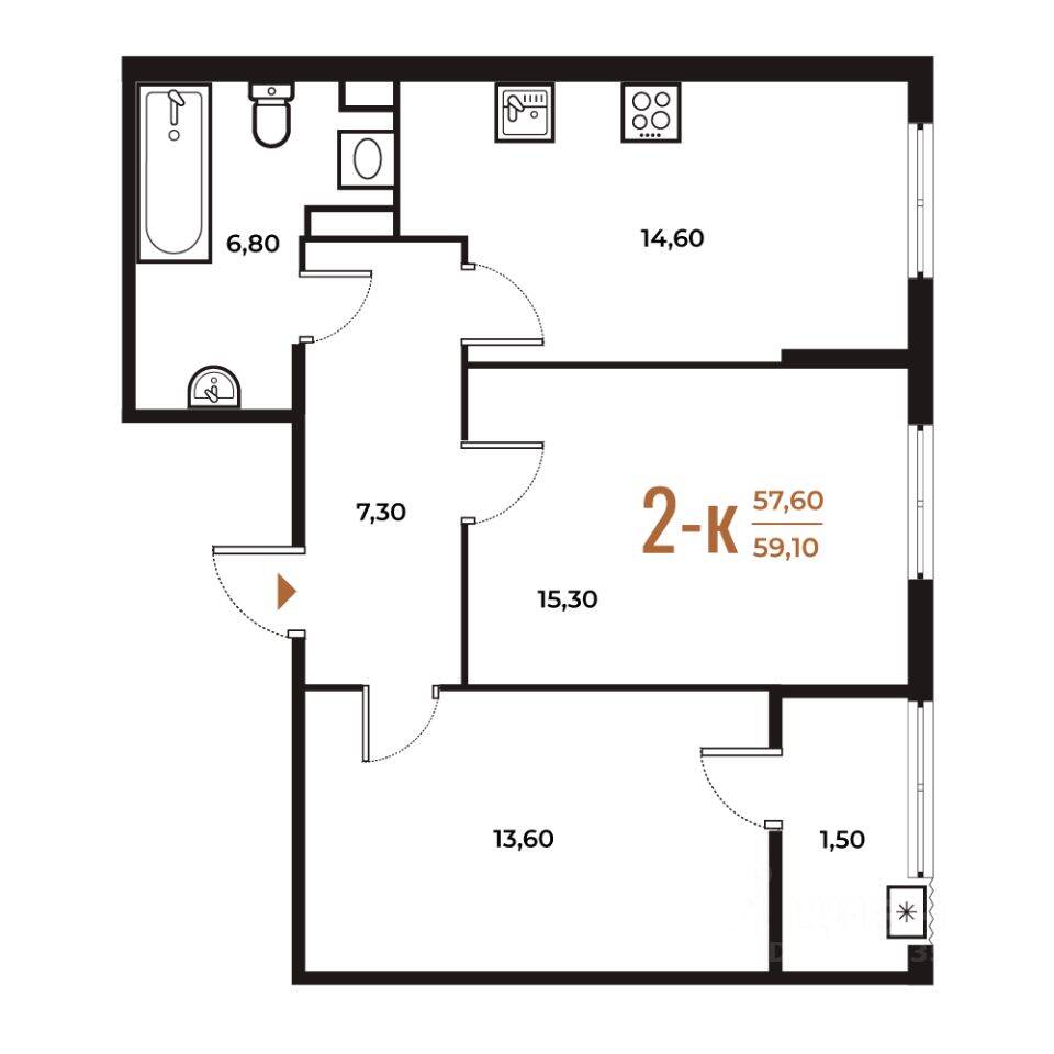 2-комн. квартира, 59 м², в ЖК Новое Летово