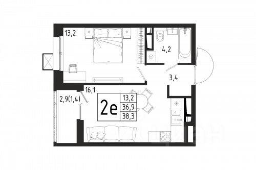 1-комн. квартира, 38,3 м², в ЖК «Берег»