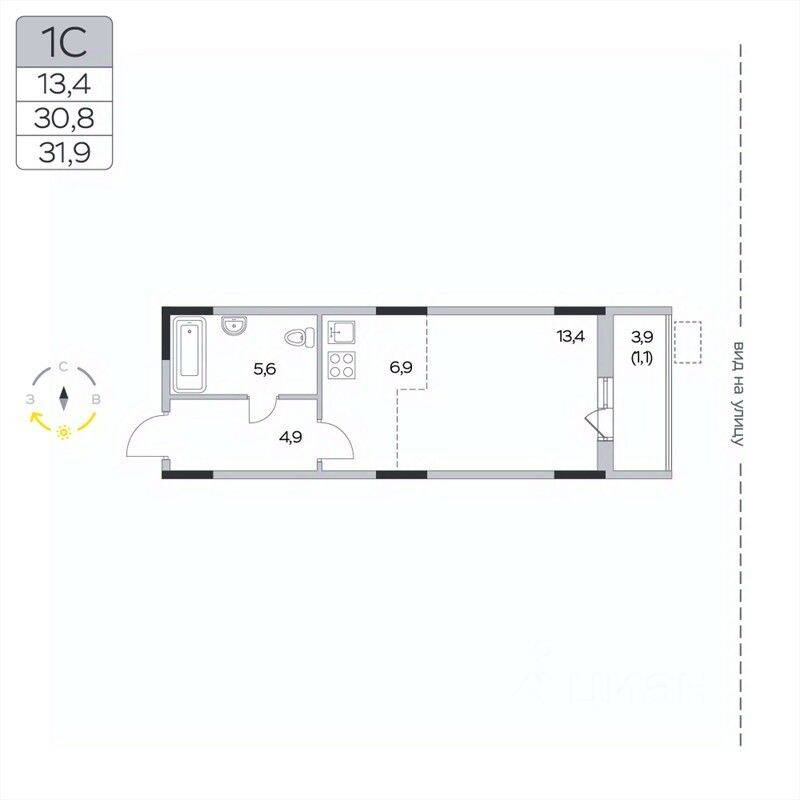 Квартира-студия, 31,9 м², в ЖК «Пироговская Ривьера»
