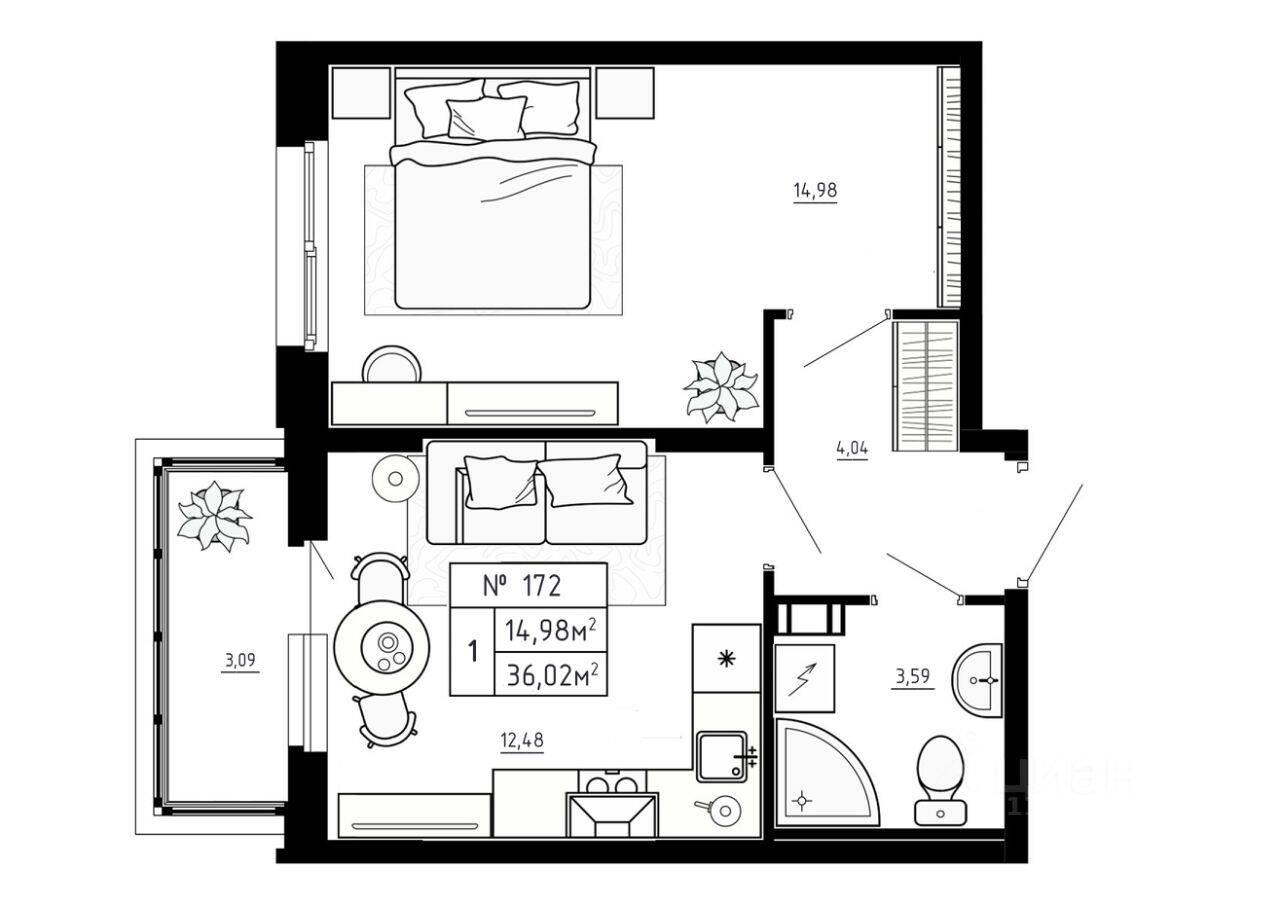 1-комн. квартира, 36,02 м², в Малоэтажный ЖК Аннино Сити