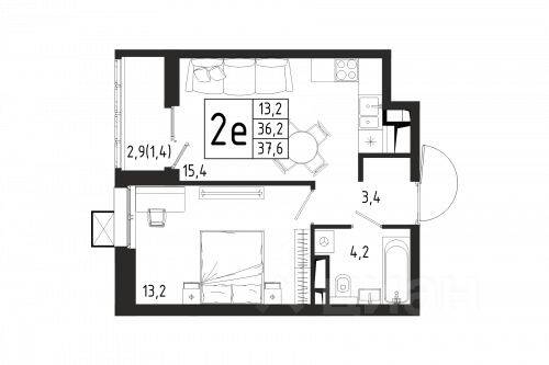 Планировка 1 комнатной квартиры, 37.6 м², в «Берег»