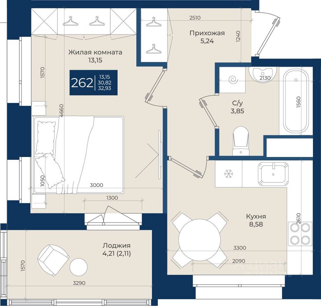 1-комн. квартира, 32,93 м², в ЖК «Новатория»