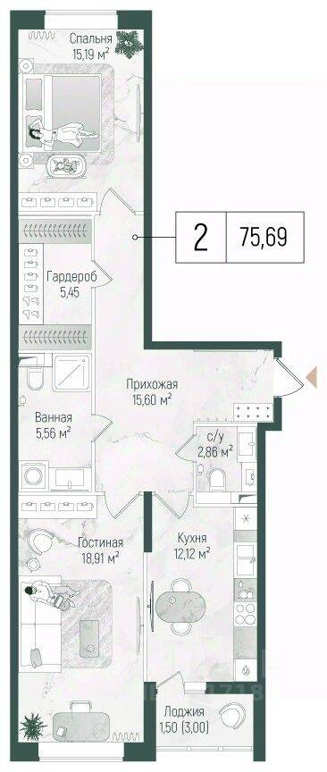 2-комн. квартира, 77,19 м², в ЖК Riga Hills