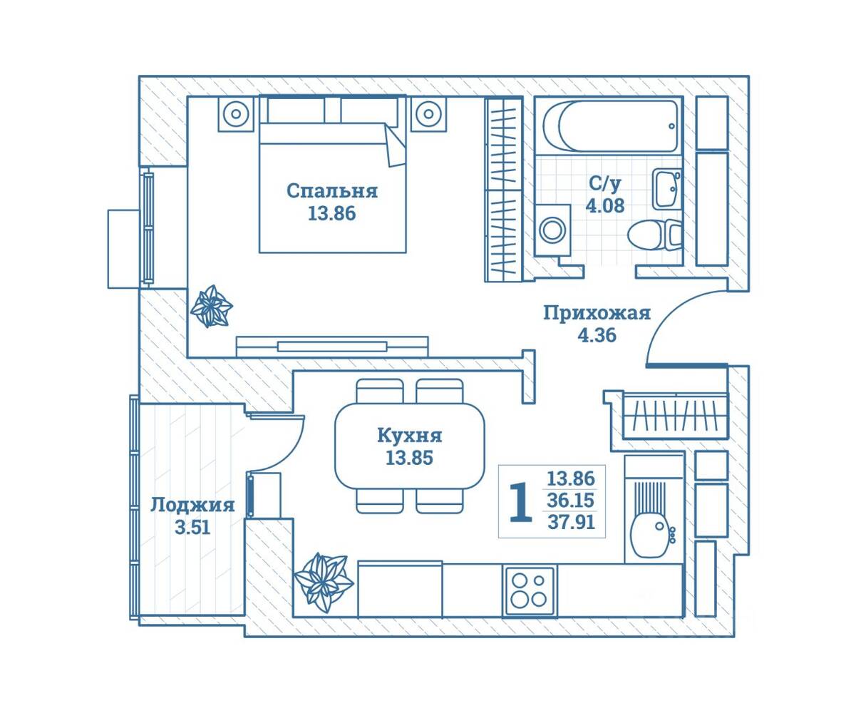 1-комн. квартира, 37,91 м², в ЖК Новоград Монино