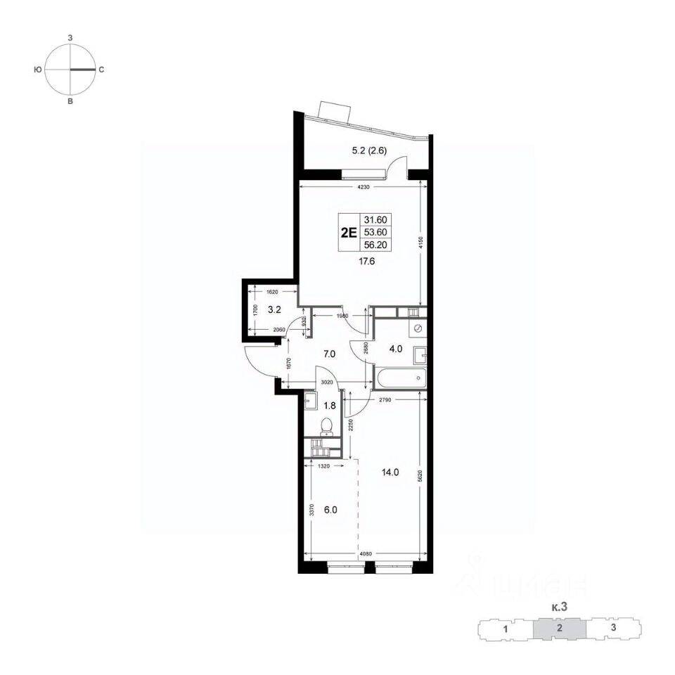 2-комн. квартира, 53,4 м², в ЖК «Легенда Коренево»