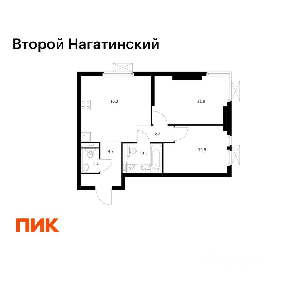 Планировка 2 комнатной квартиры, 50.5 м², в «Второй Нагатинский»