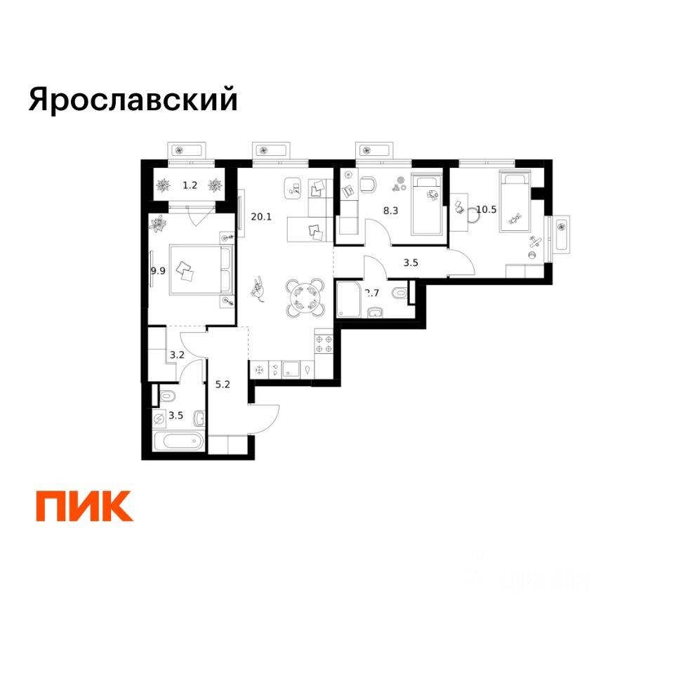 3-комн. квартира, 68,1 м², в ЖК «Ярославский»