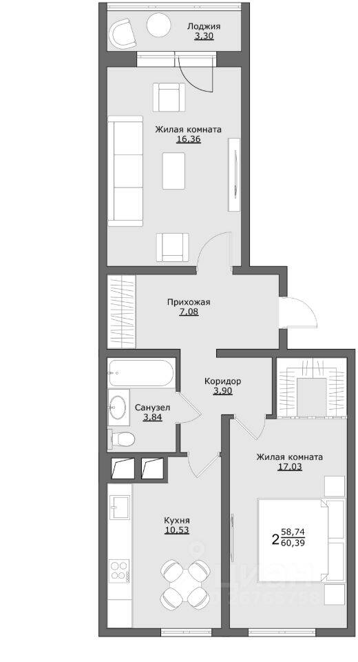 2-комн. квартира, 60,39 м², в ЖК Клевер