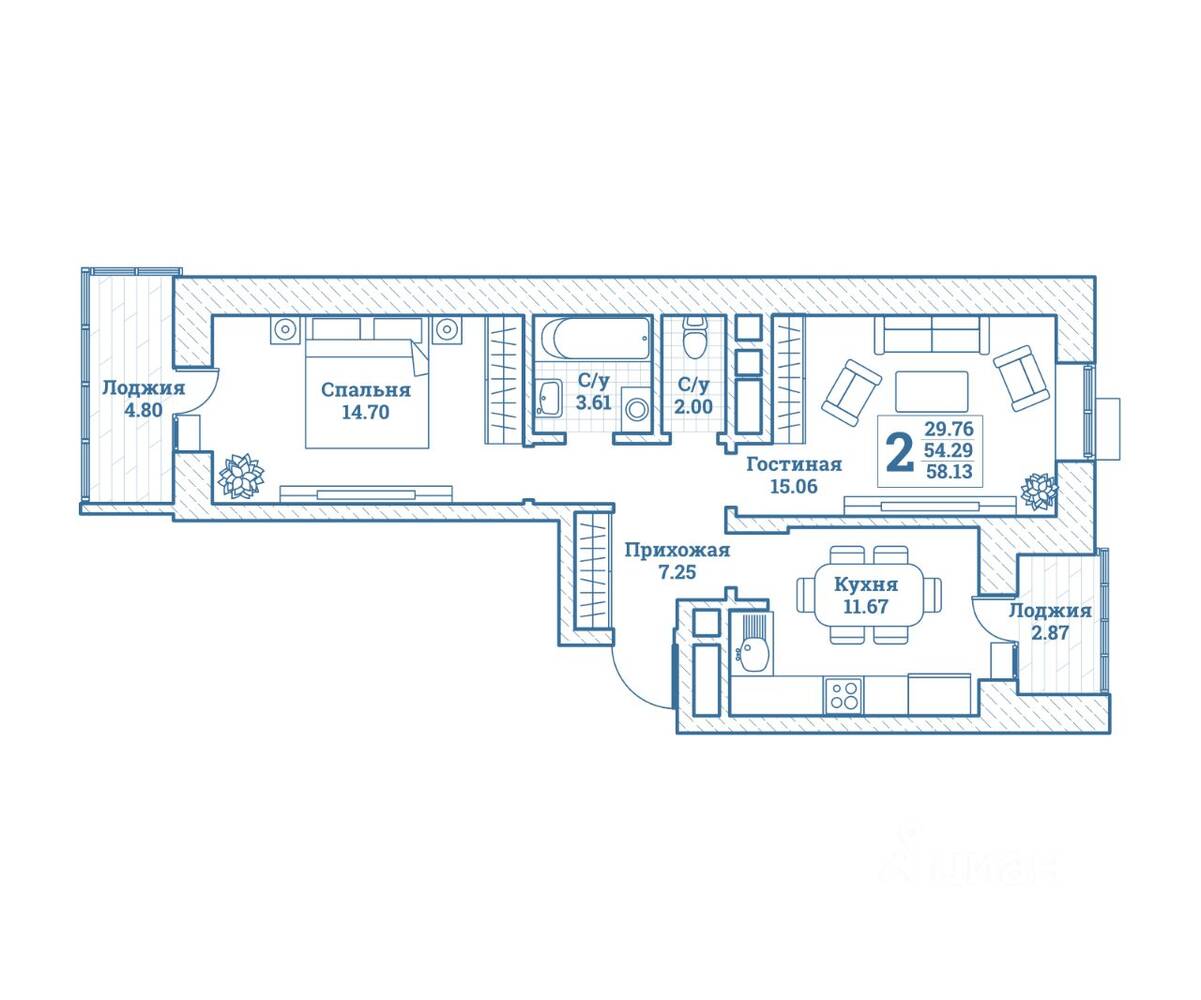 2-комн. квартира, 58,13 м², в ЖК Новоград Монино
