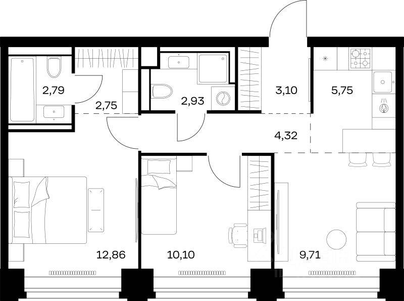 2-комн. квартира, 54,31 м², в ЖК Nova