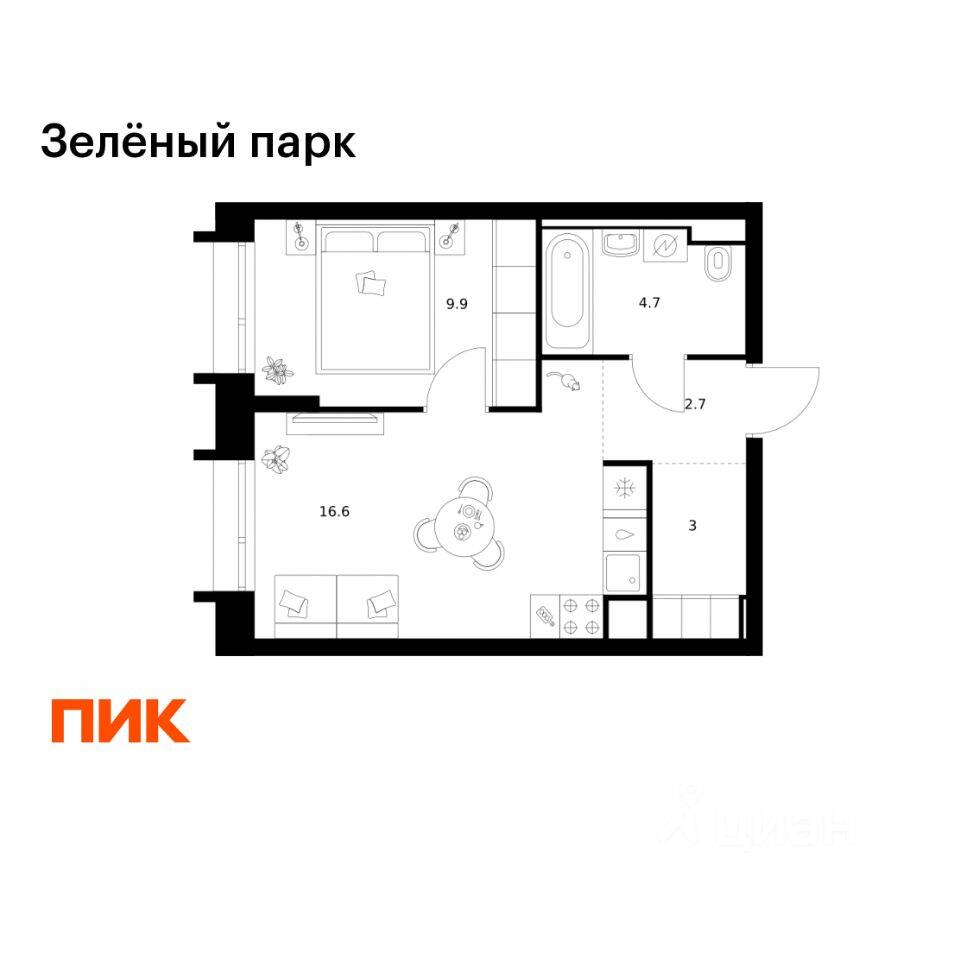 1-комн. квартира, 36,9 м², в ЖК Зеленый парк